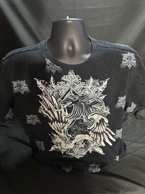 Men's Black Graphic Shirt with White Ornate Eagle Design-Raw blue size L-#565